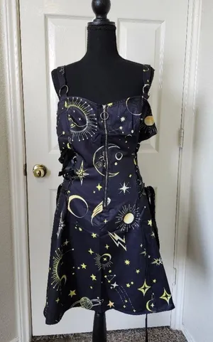Black Celestial Print Dress Star Moon Lace Up Zipper XL thumbnail 2