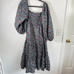 Summersalt Floral Smocked Puff Sleeve Cotton‎ Midi Dress Blue Red 2XL Plus Size thumbnail 8