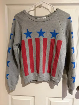 Wildfox Grey Crewneck Sweater with Red Stripes and Blue Stars XS thumbnail 1