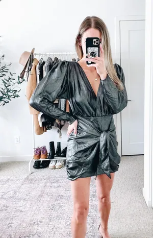 L'Academie The Dore Silver Front Tie Long Sleeve Mini Dress thumbnail 4