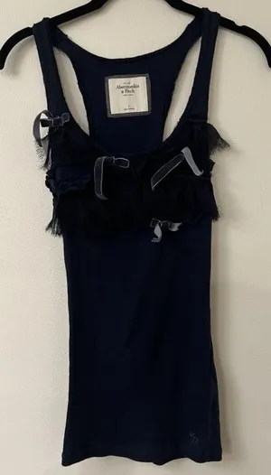 Abercrombie And Fitch Cotton Ribbed Tank Top Bow Embroidered Velvet Navy Blue L thumbnail 1