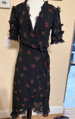 Dranella Wrap Lightweight Semi-Sheer Floral Black Small Frayed Fairy Dress thumbnail 1