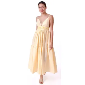 Fanm Mon NWT Ruzgar Light Yellow Embroidered Cotton Maxi Dress‎ XS thumbnail 5