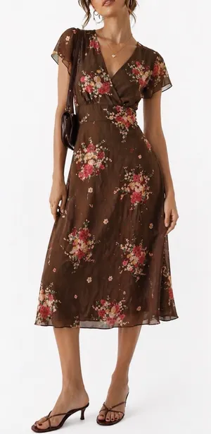 David Warren Silk Floral Midi Dress Brown Y2K 90s Empire Waist Cap Sleeve‎ 8 EUC thumbnail 1