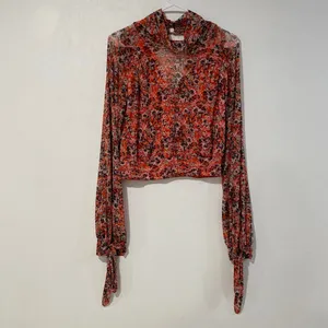 Free People Floral Mesh Top Small Draped Tie Neck Boho Y2K Blouse thumbnail 2