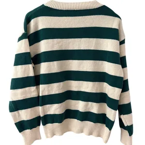 Long Sleeve Crew Neck Button Up Striped Sweater Cardigan Green White Size Large thumbnail 3