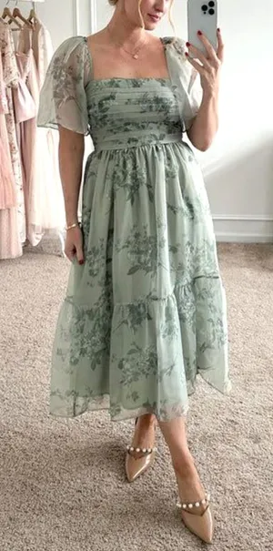 Abercrombie & Fitch Emerson Angel Sleeve Midi Dress Sage Green Floral Small thumbnail 1
