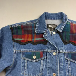 90s Vintage Jean Jacket Denim Trucker Jacket Western Plaid Wool Small thumbnail 6
