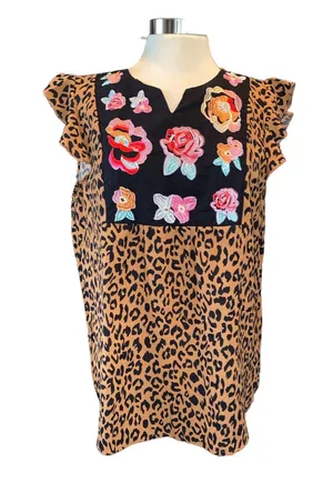 Embroidered and animal print blouse flutter sleeves short V-neckline size large thumbnail 1