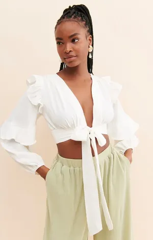 Line & Dot Sonia Ruffle Blouse White Tie Front Crop Top Size M NWT thumbnail 1