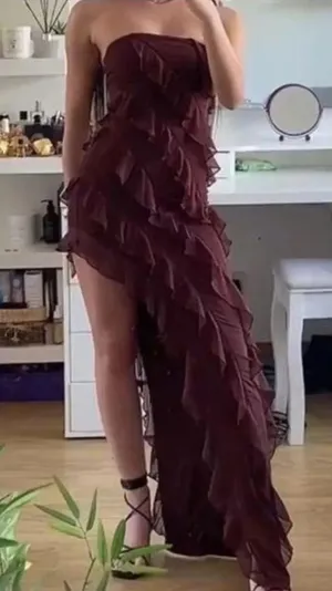 Oh Polly Viral Nevali Ruffle Maxi bodycon Dress in Brown thumbnail 1