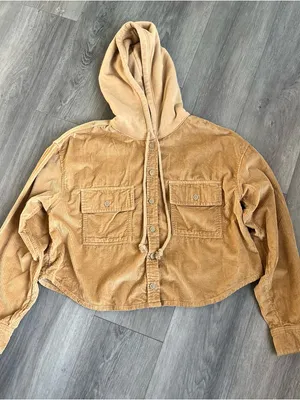 American Eagle AE Hooded Cropped Corduroy Button Up Shirt Shacket Small M Top thumbnail 1