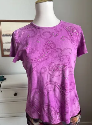 y2k Sonoma Paisley Sequin Top Womens Large Purple Short Sleeve Tee thumbnail 1