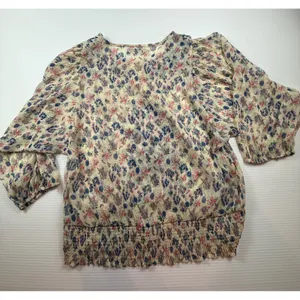 World Market Floral Embroidered Peasant Blouse Cream Blue‎ Pink S/M Smocked Top thumbnail 7
