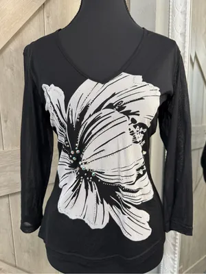 Express 3/4 sleeve Black Sheer Mesh Floral Rhinestone Bling V-Neck Top - Large thumbnail 1
