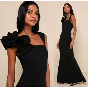 NWT Lulus Lucette Black Sleeveless Ruffled Mermaid Maxi Dress Gala Banquet Sz M thumbnail 10