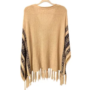 Double Zero Cream Fringe Knit Poncho Sweater Navy Blue Aztec Detail Size Medium thumbnail 4