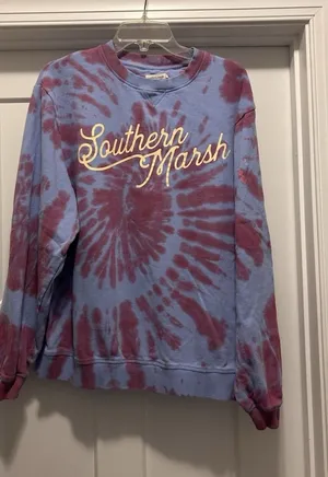 Southern Marsh Sweatshirt Women XS Gray Brown Tie Dye Fleece Crew Spell Out thumbnail 1