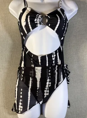 Unbranded One Piece Swimsuit Cut Out O-Ring Sarong Set‎ 160 Black White thumbnail 1