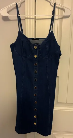 iris Dark Blue Button-Front Denim Slip Dress thumbnail 1