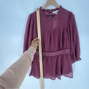 Monteau Purple Sheer Swiss Dot Ruffle Neck 3/4 Sleeve Peplum Blouse NWT‎ XL thumbnail 11