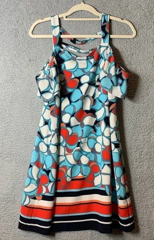 Kaari Blue Dress Womens‎ S Small Floral Pattern Blue Red White Cold Shoulder thumbnail 1