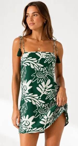 Boho Green Floral Mini Dress With Strap Tassel thumbnail 1