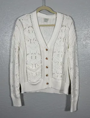 Sundance Women M White Hand Knit Cardigan Sweater 100% Cotton Cable Knit Pockets thumbnail 1