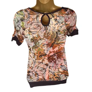 Y2K Daytrip Burnout Knit Babydoll Top Keyhole Back Abstract Print Brown S thumbnail 2