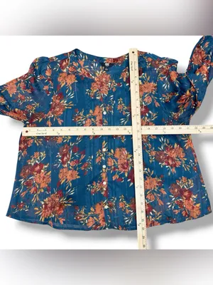 Frye Floral Metallic Jacquard Sheer Blouse Teal Blue Burnt Orange Large Boho thumbnail 11