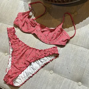 PINK By Frankies Bikinis Red Checkered Bikini Floral Bikini Top + Bottom Set thumbnail 2