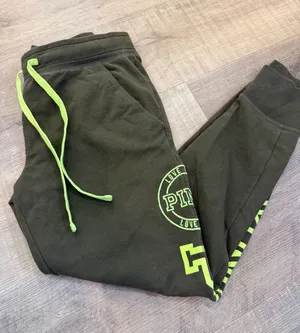 PINK Victoria's Secret Olive Green & Neon‎ Lime Spellout Joggers - Size S thumbnail 1