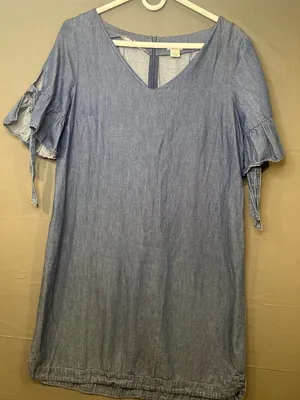 J Crew Womens Medium Chambray Shift Dress Ruffle Tie Sleeve V Neck Blue thumbnail 1