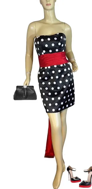 Sherri Hill Black W/White Polka Dots And Over-Sized Red Sash Mini Dress (6) thumbnail 1