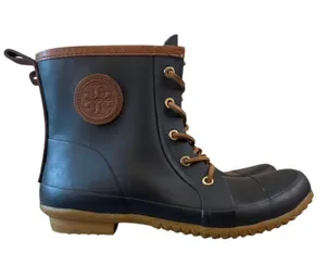 Tory Burch Lace Up Rain Boots Navy Rubber Short‎ Boot 9 thumbnail 1
