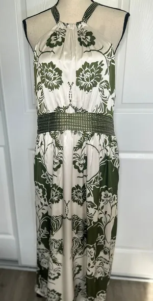 CIEBON Maxi Dress Halter Floral XL Green Cream Smocked Waist Pockets D5771-R2501 thumbnail 1