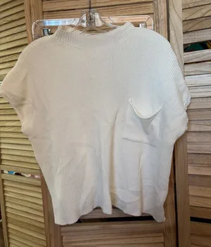 Cream Knit Short-Sleeve Sweater with Pocket Medium thumbnail 1