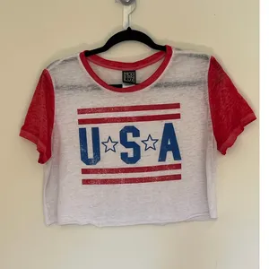 Modern Lux L USA Graphic Sheer Cropped T-Shirt Red White Blue Patriotic Preppy thumbnail 10