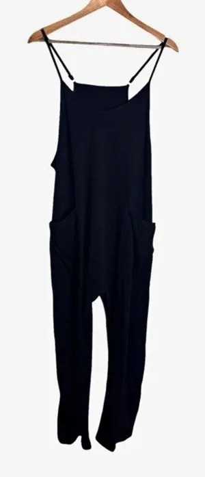 Women's Black Jumpsuit V Neck Strappy Sleeveless Pockets Large Casual Comfy thumbnail 1