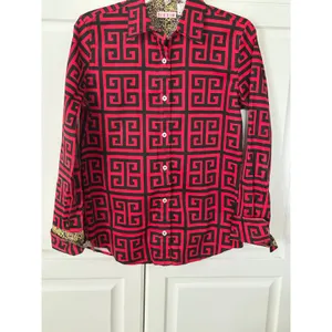 Tizzie‎ Red Black Greek Key Button Down Shirt Leopard Trim Small thumbnail 2