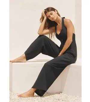 L*SPACE Alena Halter Wide-Leg Linen Jumpsuit in Black Size Small thumbnail 10