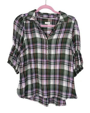 Pilcro Green Purple Plaid Henley Blouse Womens S Casual Fall Shirt Ruffled Boho thumbnail 1