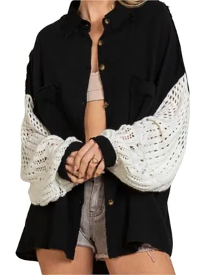 POL Black Gauze Crochet Sleeves Button Up Oversized Shacket SMALL thumbnail 1