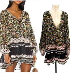 Free People Gardenia Tunic Top Floral Print Long Sleeve Black‎ Combo Size Large thumbnail 2