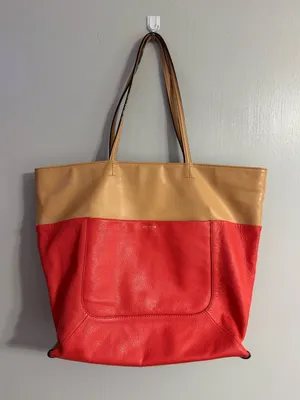 Isaac Mizrahi Pale Red and Tan Leather Tote thumbnail 1