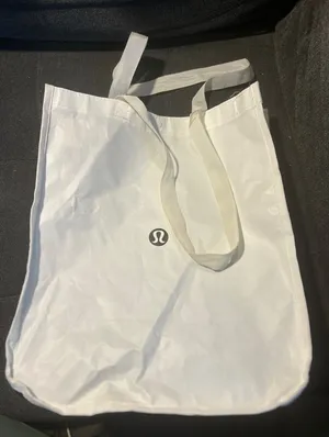 Lululemon Reusable Shopping Tote Bag White Black Logo Snap Closure Small Medium thumbnail 1