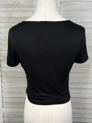 AMBIANCE Ruched Tie Front V Neck Crop Top Black-Large thumbnail 2