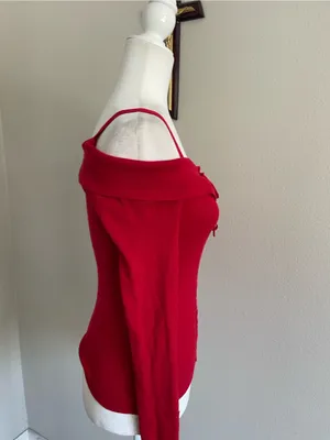Guess Off-the-Shoulder Lace-Up Sweater in Red thumbnail 3