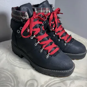 No Boundaries Black Lace-Up Boots with Red Laces and Plaid Cuff thumbnail 12