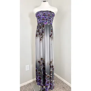 FOREVER 21 Y2K Strapless Maxi Dress S/P‎ Peacock Feather Print Smocked Bodice thumbnail 6